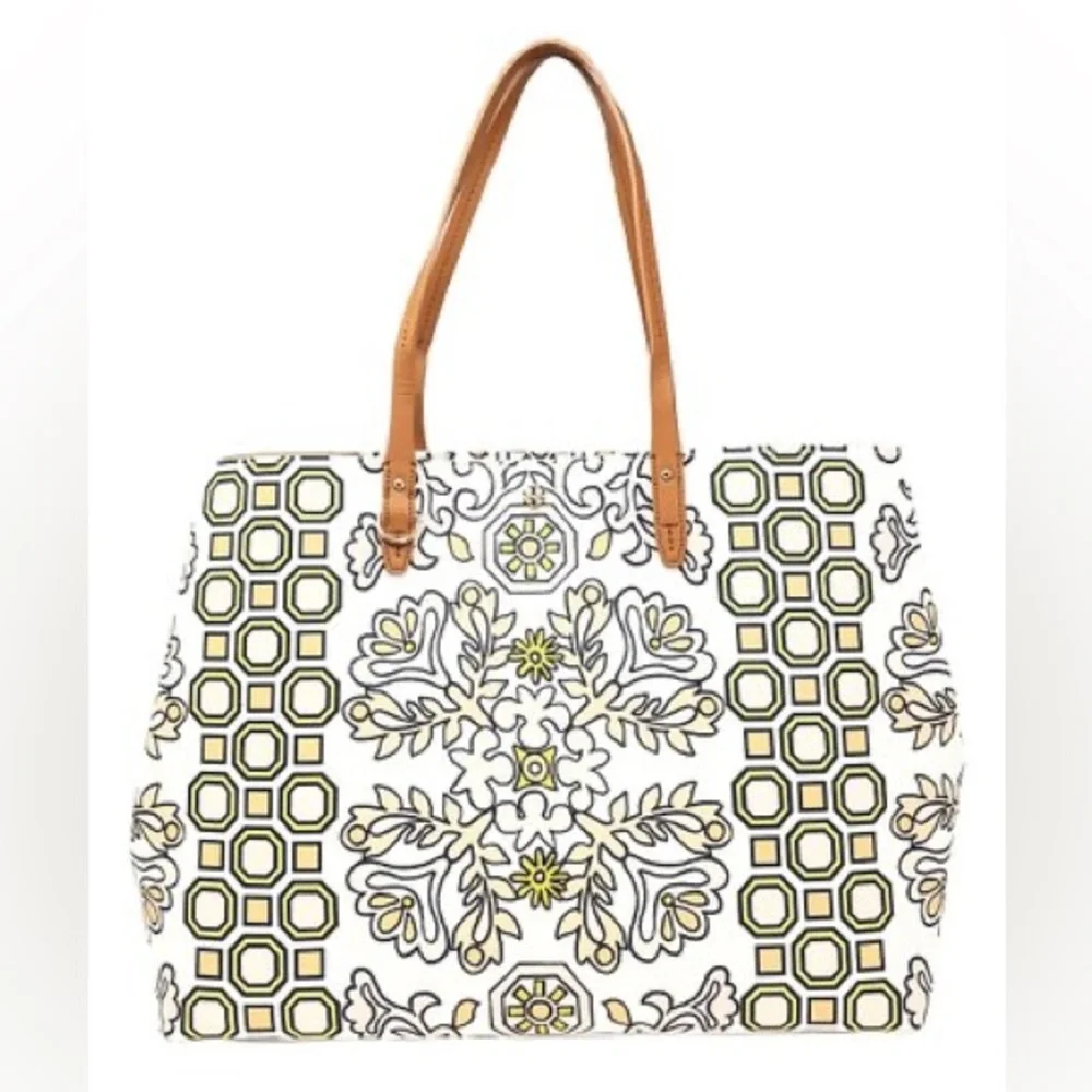 Tory Burch White, Tan & Yellow Printed Tote